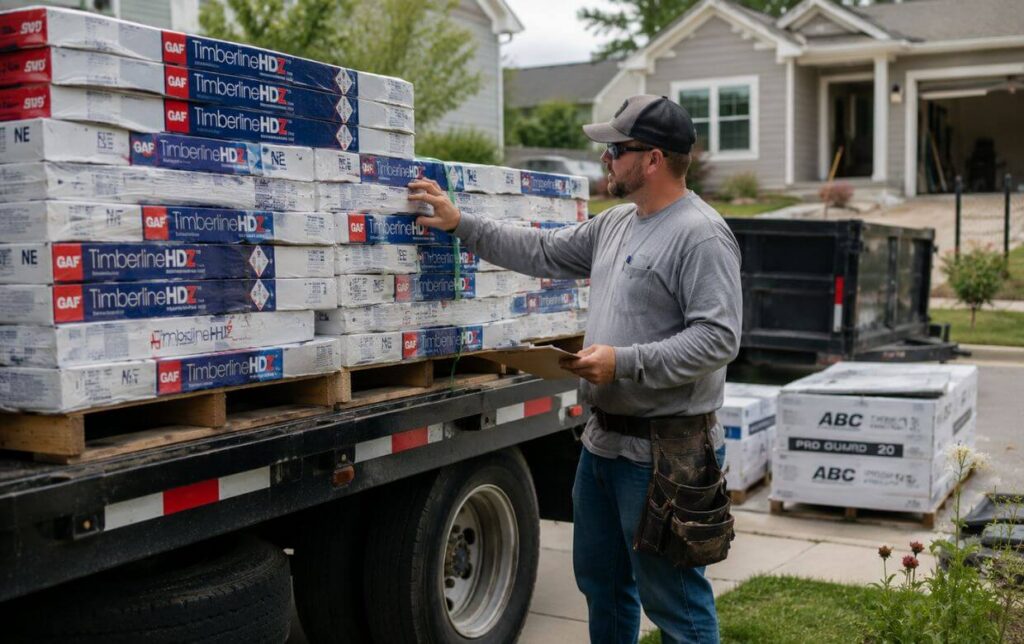 roofing contractor receiving shingle delivery for storm season repairs