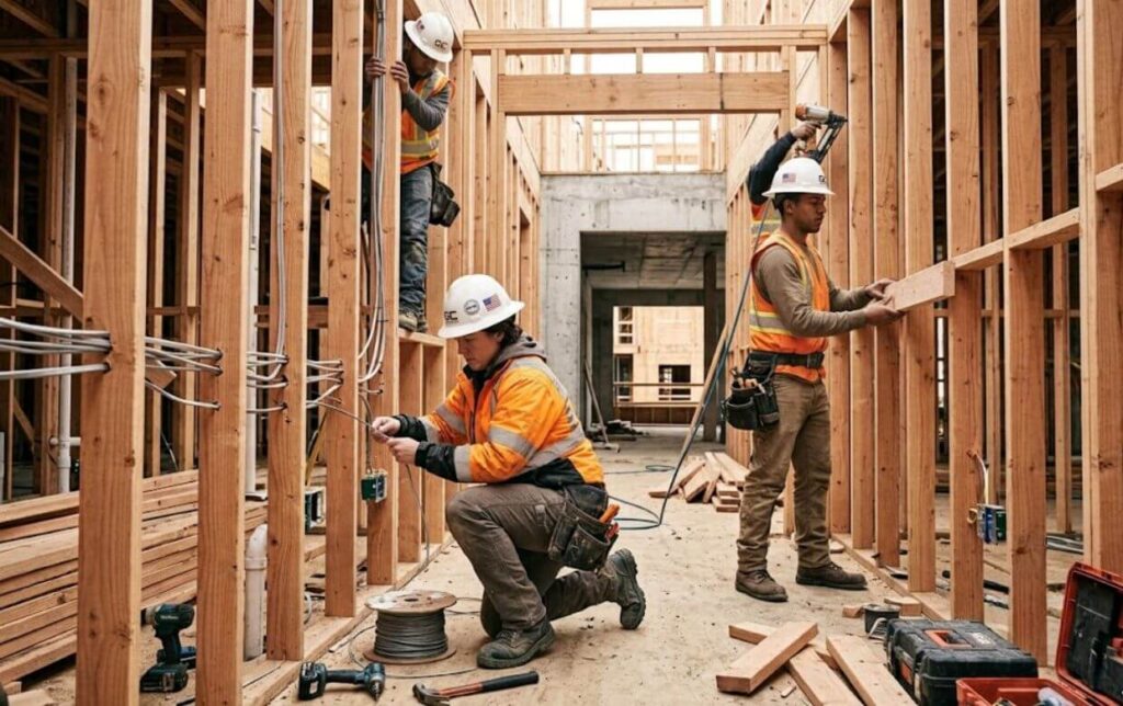 Subcontractor Crew Construction Site subcontractor crew working on a commercial construction site