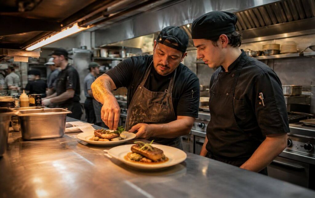 new restaurant employee being trained by an experienced staff member during a shift
