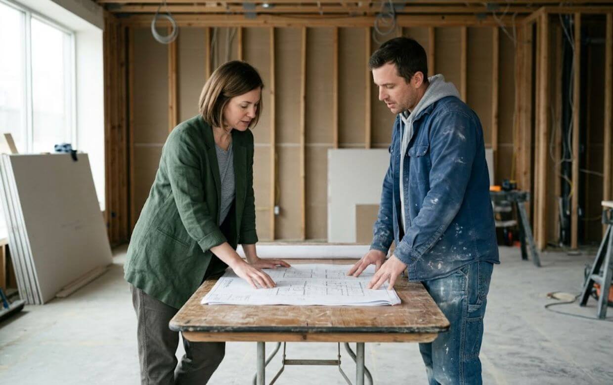 Restaurant owner reviewing buildout plans for a second location with a contractor
