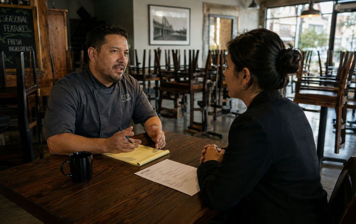 Restaurant manager conducting a job interview during a hiring wave