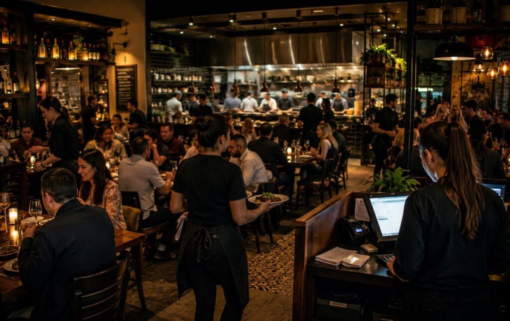 fully staffed restaurant team working smoothly during a busy dinner service 