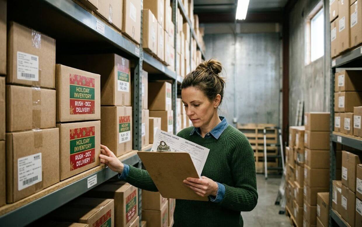 Retail store owner reviewing a holiday inventory purchase order with a supplier invoice
