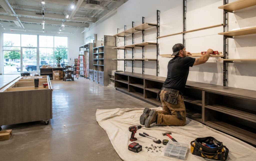 new retail fixtures and shelving being installed during a store renovation 