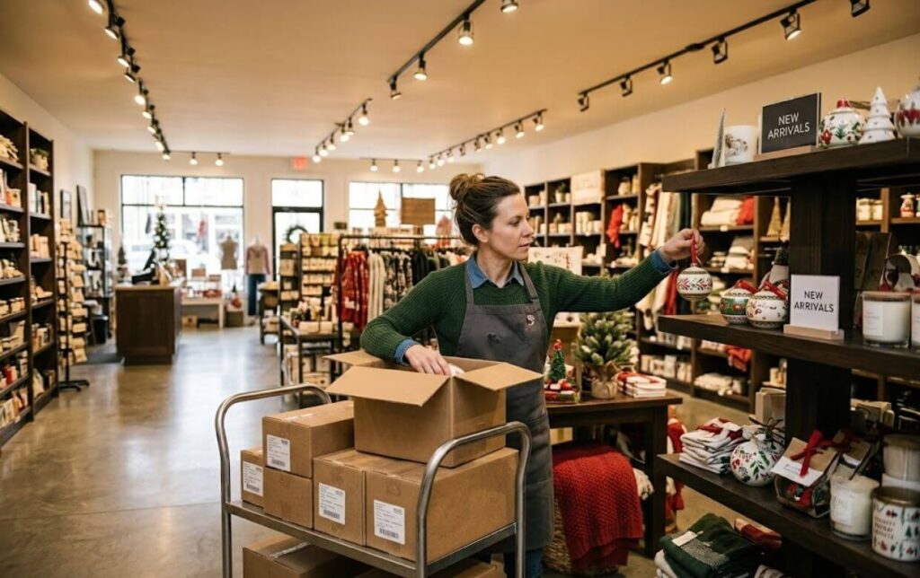 Retail Store Holiday Stock Shelving store employee stocking shelves with newly arrived holiday merchandise