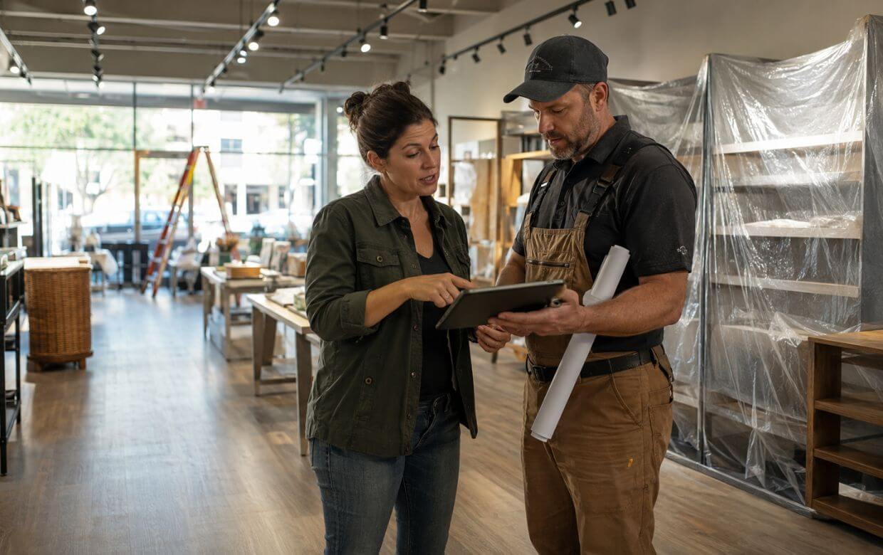 Retail store owner reviewing renovation plans with a contractor inside their store