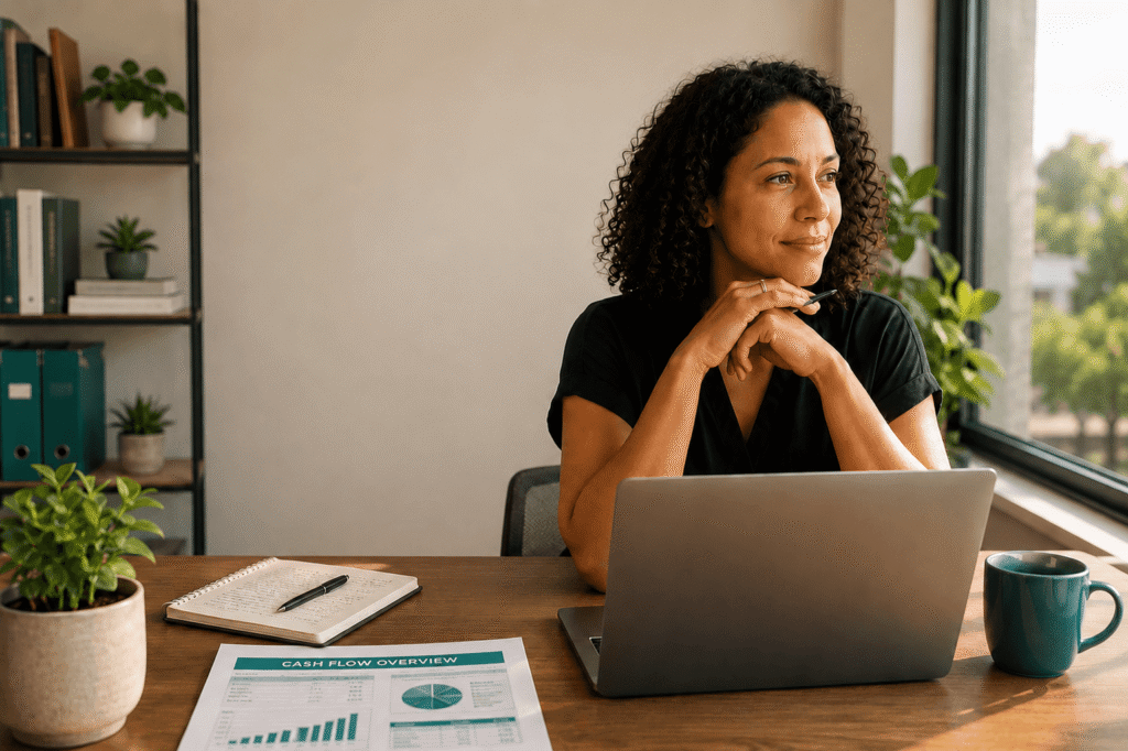 Agency Owner Planning Cash Flow Growth agency owner reviewing cash flow at her desk