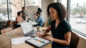 Agency owner reviewing client billing and cash flow