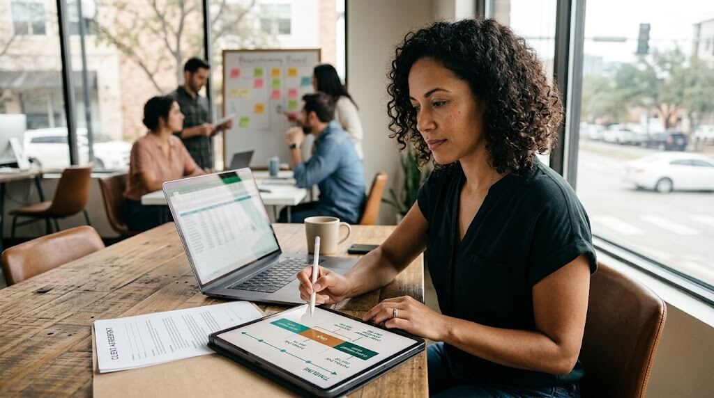 Agency owner reviewing client billing and cash flow