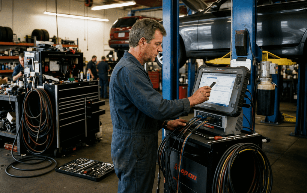 Auto Repair Diagnostic Bay Installation technician installing a new diagnostic scanner station in an auto repair bay
