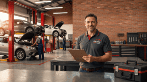 Auto repair shop owner holding a clipboard while mechanics service vehicles in a busy garage.