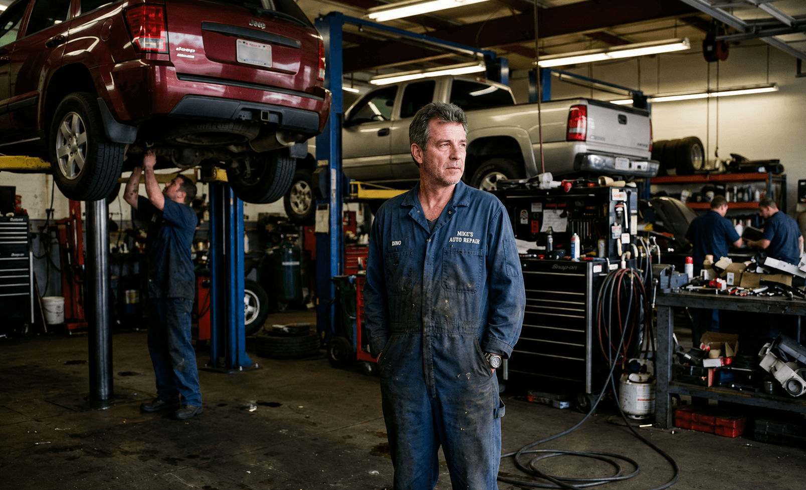 Auto repair shop owner standing near an occupied lift bay with a car waiting