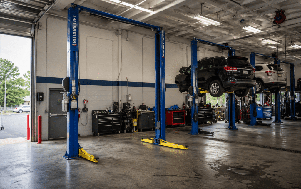 Auto Repair Shop Third Bay Expansion newly installed vehicle lift in an expanded auto repair shop bay