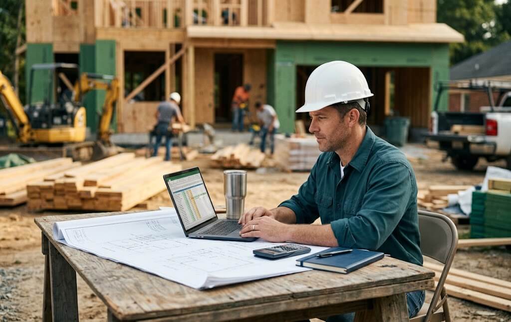 Construction contractor reviewing project finances on site