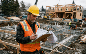 General contractor reviewing project plans and permits at an active construction site