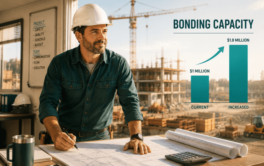Contractor Working Capital Bonding Example illustration of a general contractor reviewing project bids with a rising bonding capacity chart