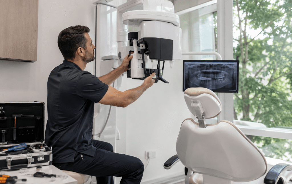 modern dental treatment chair and imaging equipment being installed in a practice