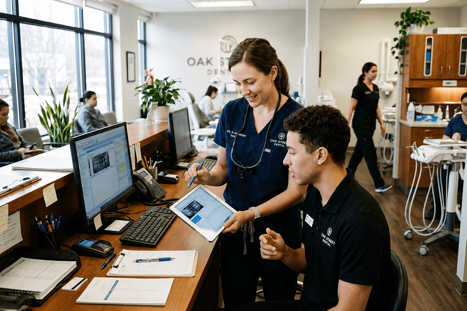 Dentist reviewing patient charts and practice financials at a modern dental office front desk