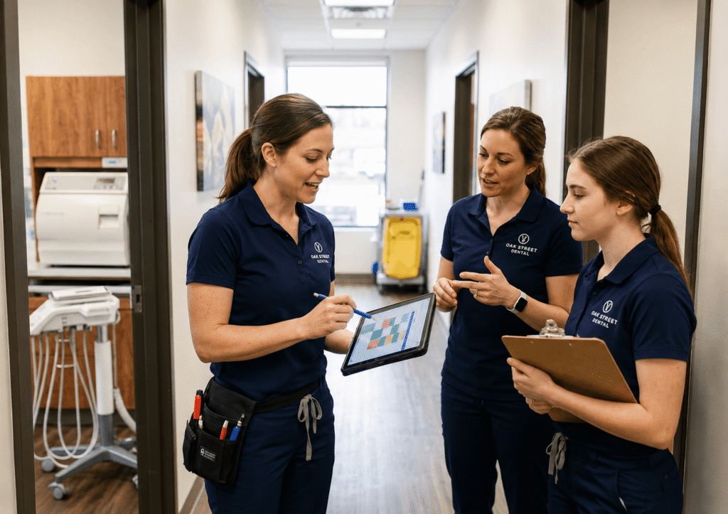 healthcare practice staff meeting in a clinic hallway discussing patient scheduling
