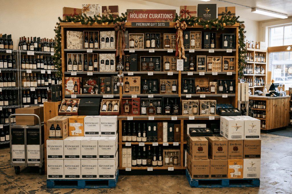 fully stocked holiday gift display in a liquor store aisle