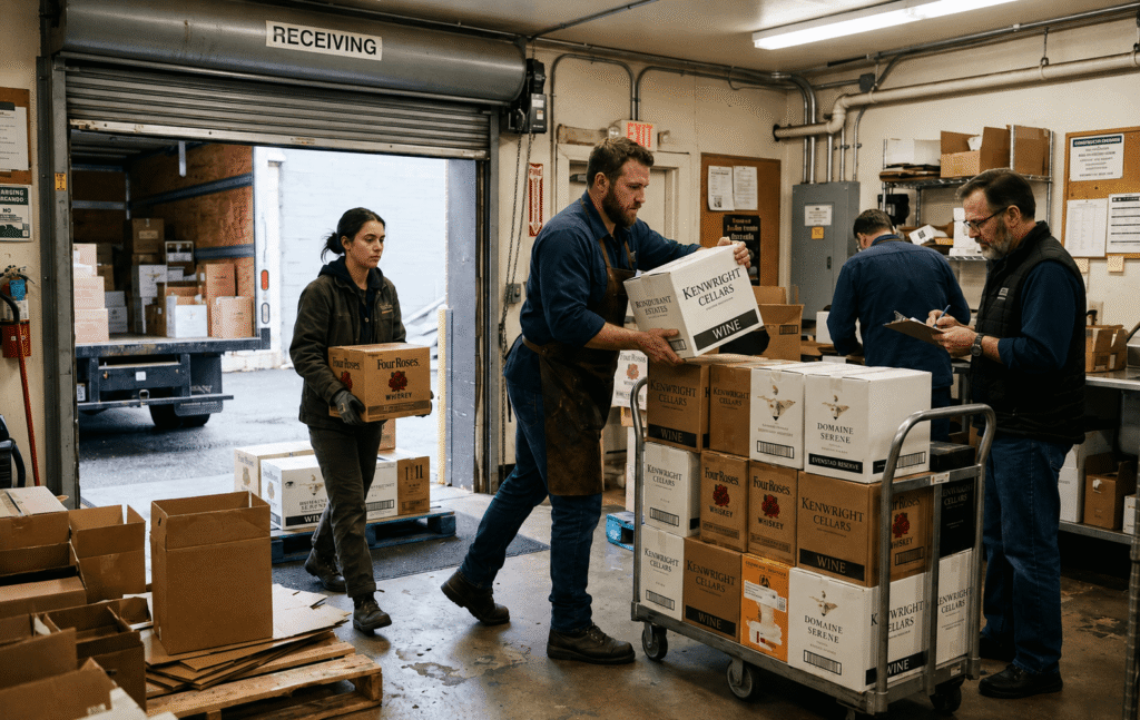  store staff unloading cases of wine and spirits for a holiday inventory restock