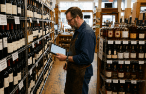 Liquor store owner reviewing a holiday inventory order alongside stocked shelves