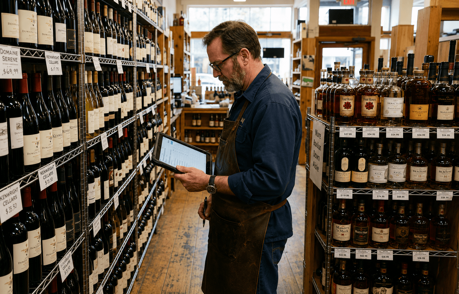 Liquor store owner reviewing a holiday inventory order alongside stocked shelves