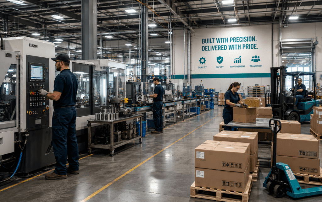 illustration of a manufacturing facility running production on a large fulfilled order 