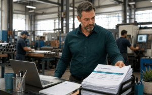 Manufacturing business owner reviewing a large purchase order alongside raw material invoices