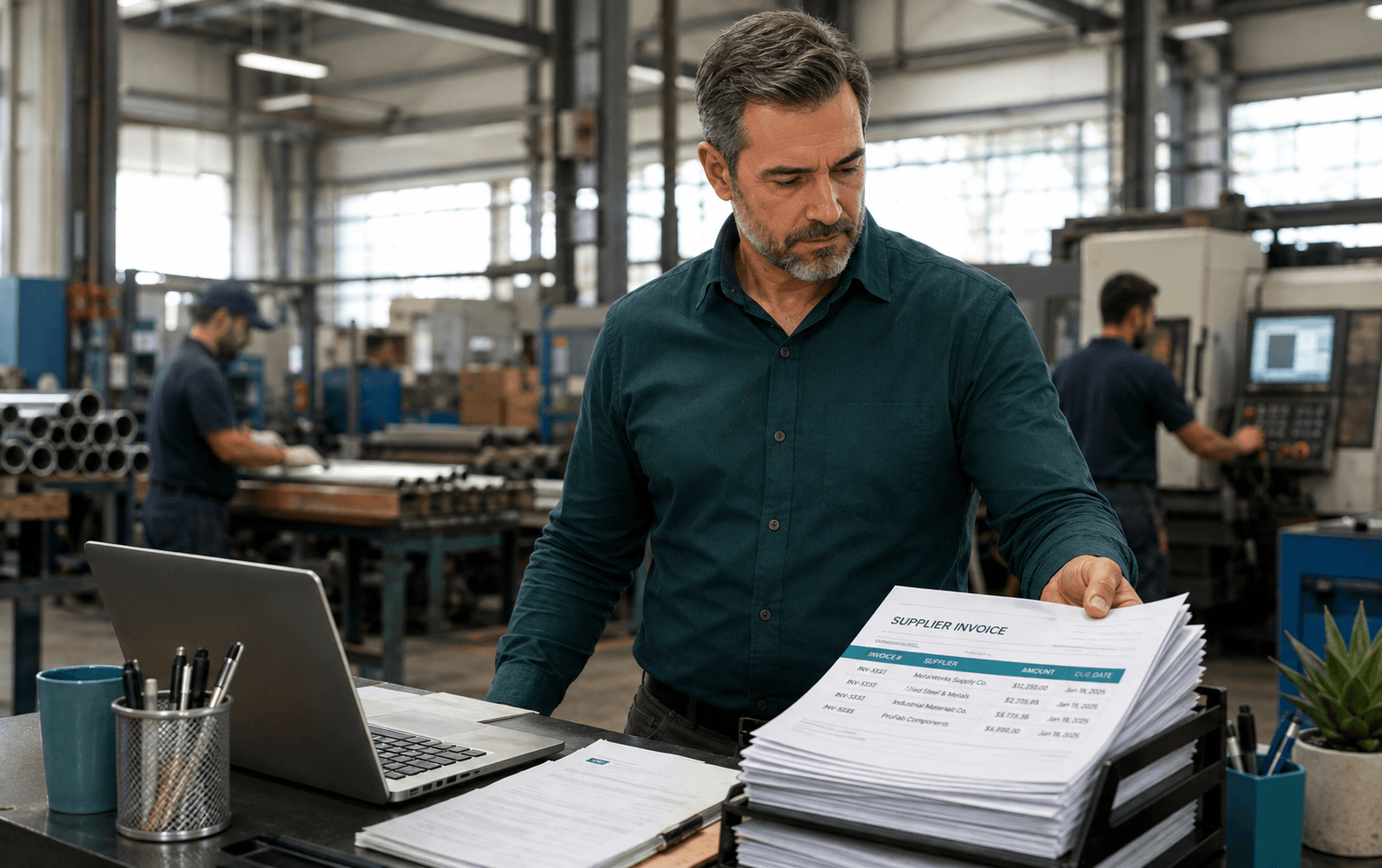 Manufacturing business owner reviewing a large purchase order alongside raw material invoices