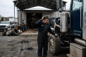 Owner-operator truck driver standing beside a semi truck at a repair shop