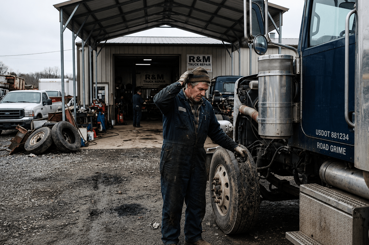 Owner-operator truck driver standing beside a semi truck at a repair shop