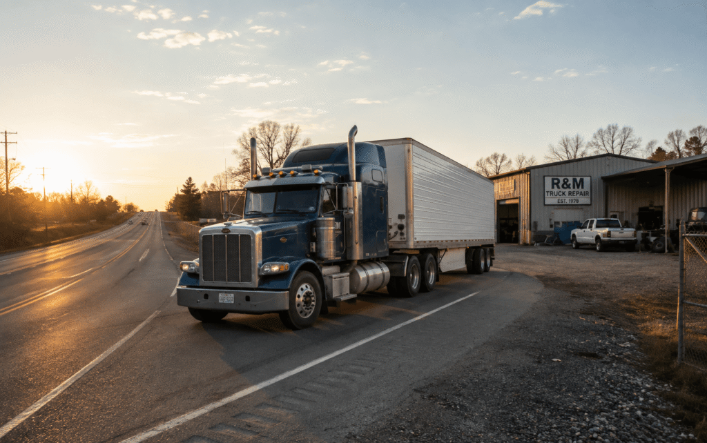 semi truck pulling out of a repair shop back onto the highway 
