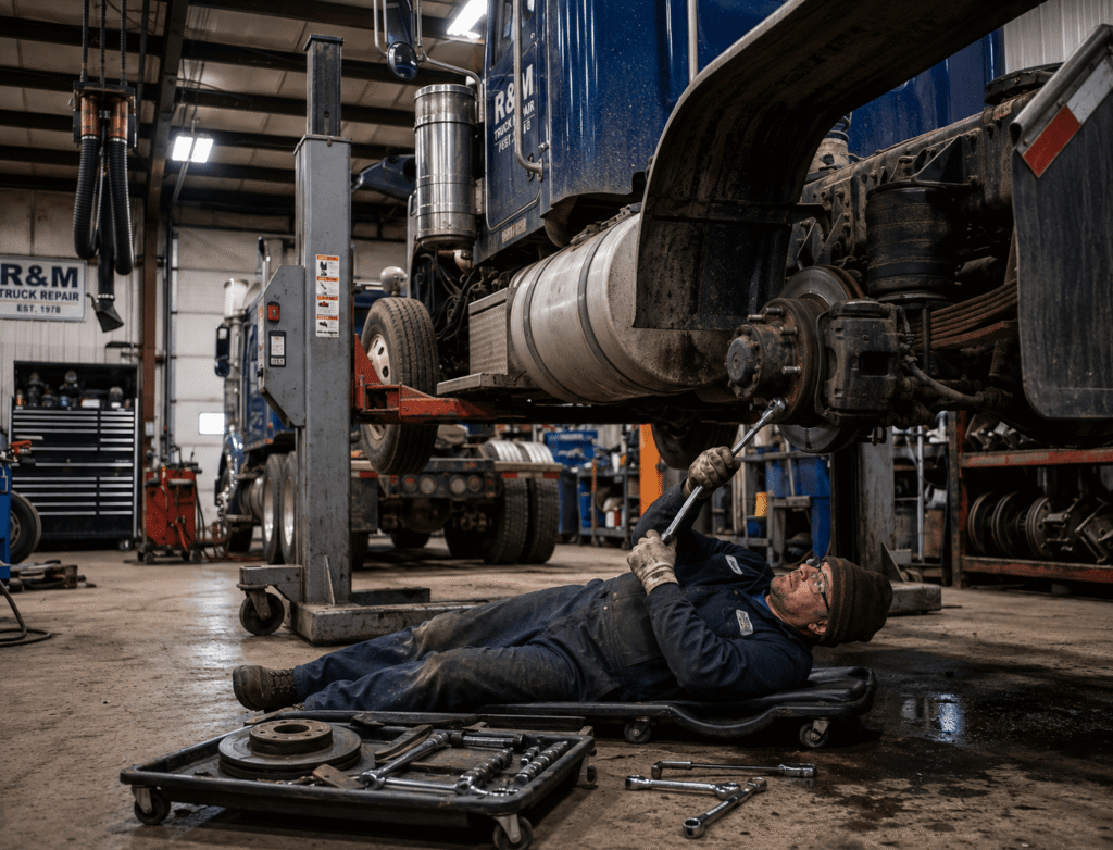 mechanic working underneath a semi truck during a transmission repair 
